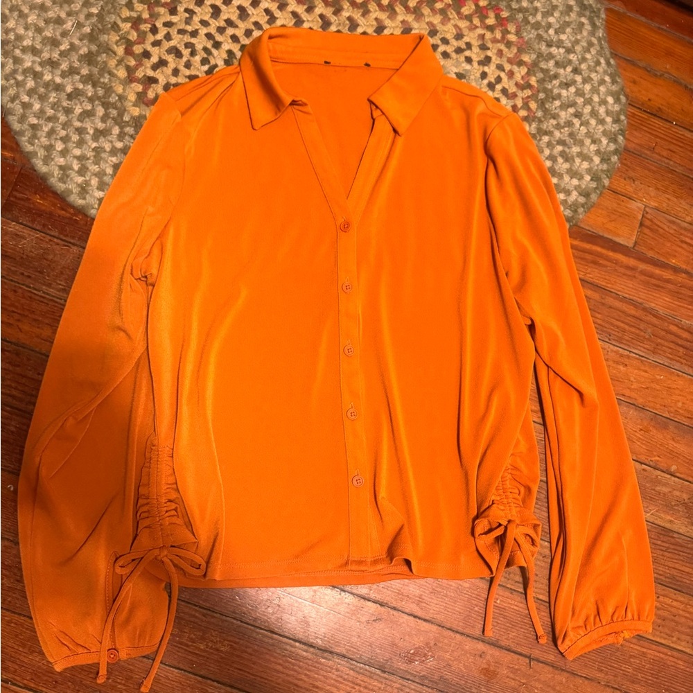 Womens ruched sides Orange Button-Up Shirt